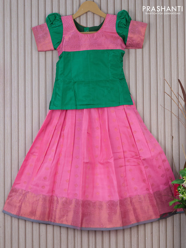 Silk kids lehenga green and light pink with patch work neck pattern and copper zari buttas & copper zari woven border for 6 years