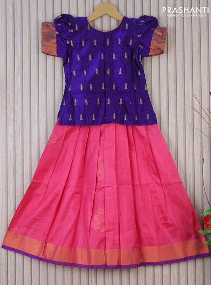 Silk kids lehenga blue and pink with patch work neck & zari buttas and copper zari buttas & copper zari woven border for 6 years