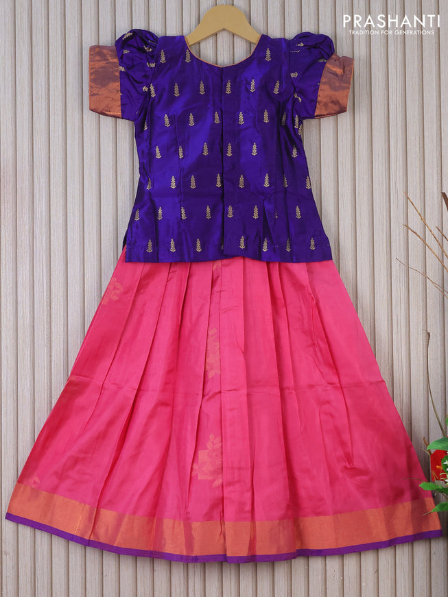 Silk kids lehenga blue and pink with patch work neck & zari buttas and copper zari buttas & copper zari woven border for 6 years