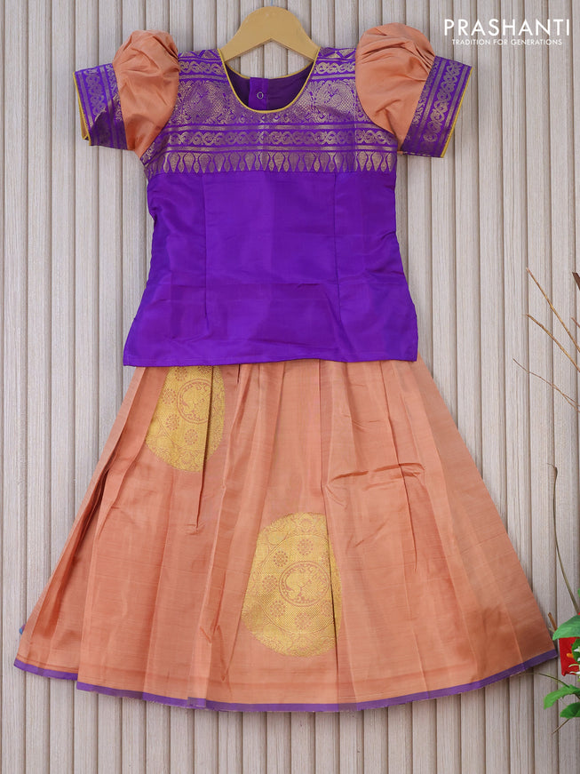 Silk kids lehenga violet and pastel peach with patch work neck pattern and zari woven buttas & piping border for 6 years