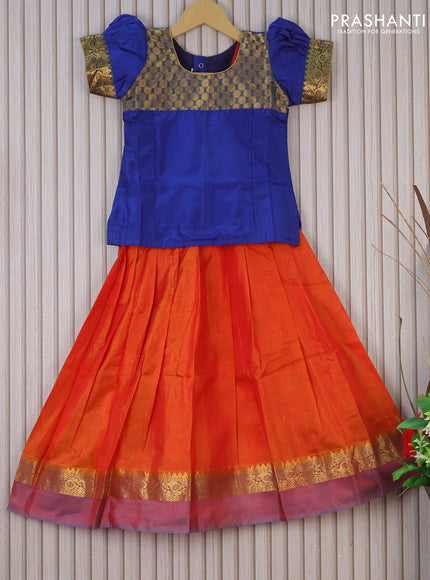 Silk kids lehenga blue and dual shade of reddish orange with patch work neck pattern and self emboss & zari woven border for 6 years