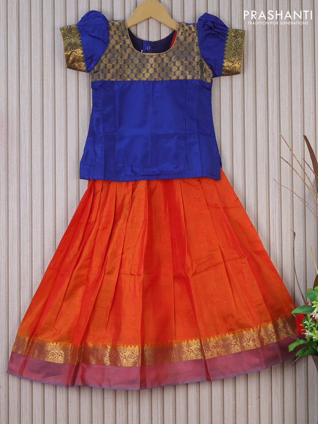 Silk kids lehenga blue and dual shade of reddish orange with patch work neck pattern and self emboss & zari woven border for 6 years