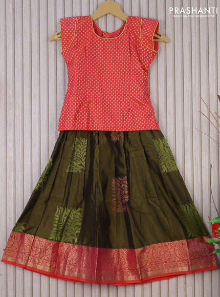 Silk kids lehenga dual shade of yellowish orange and mehendi green with patch work neck & zari buttas and zari woven border for 6 years