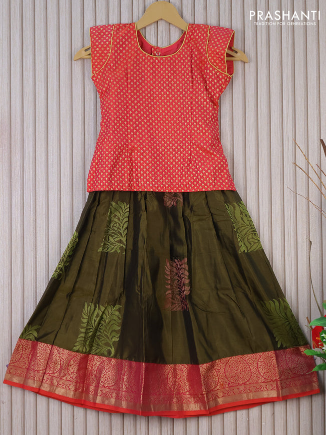 Silk kids lehenga dual shade of yellowish orange and mehendi green with patch work neck & zari buttas and zari woven border for 6 years