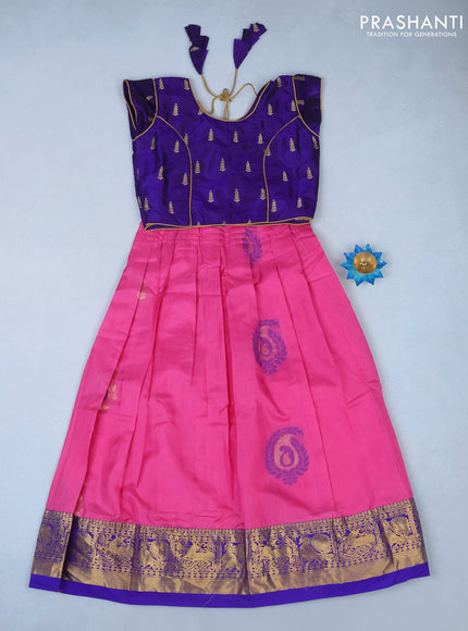 Silk kids lehenga blue and pink with patch work neck & zari buttas and woven buttas & annam zari woven border for 6 years