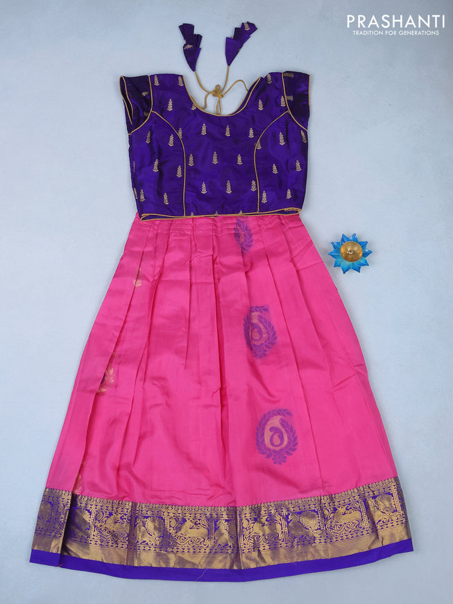 Silk kids lehenga blue and pink with patch work neck & zari buttas and woven buttas & annam zari woven border for 6 years