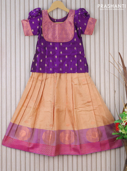 Silk kids lehenga violet and sandal with patch work neck & zari buttas and self emboss & copper butta zari woven border for 6 years