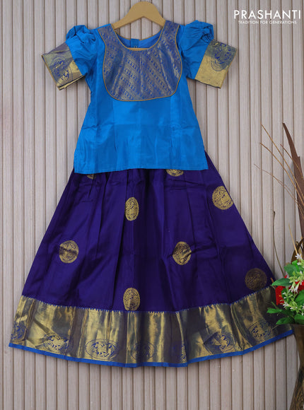 Silk kids lehenga cs blue and navy blue with patch work neck pattern and zari buttas & zari woven border for 6 years