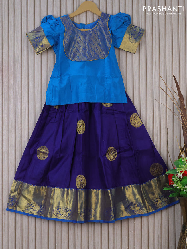 Silk kids lehenga cs blue and navy blue with patch work neck pattern and zari buttas & zari woven border for 6 years