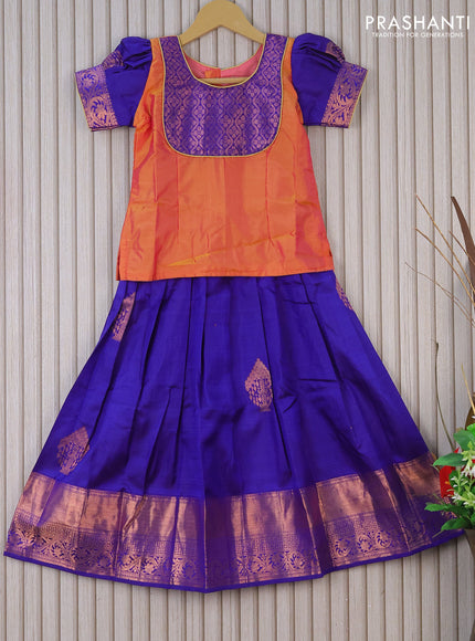 Silk kids lehenga dual shade of pinkish yellow and royal blue with patch work neck pattern and copper zari buttas & copper zari woven border for 6 years