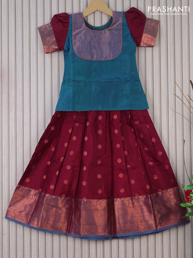 Silk kids lehenga peacock blue and dark maroon with patch work neck pattern and copper zari buttas & copper zari woven border for 6 years