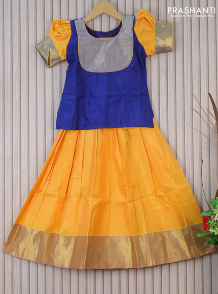 Silk kids lehenga blue and yellow with patch work neck pattern and zari woven border for 6 years