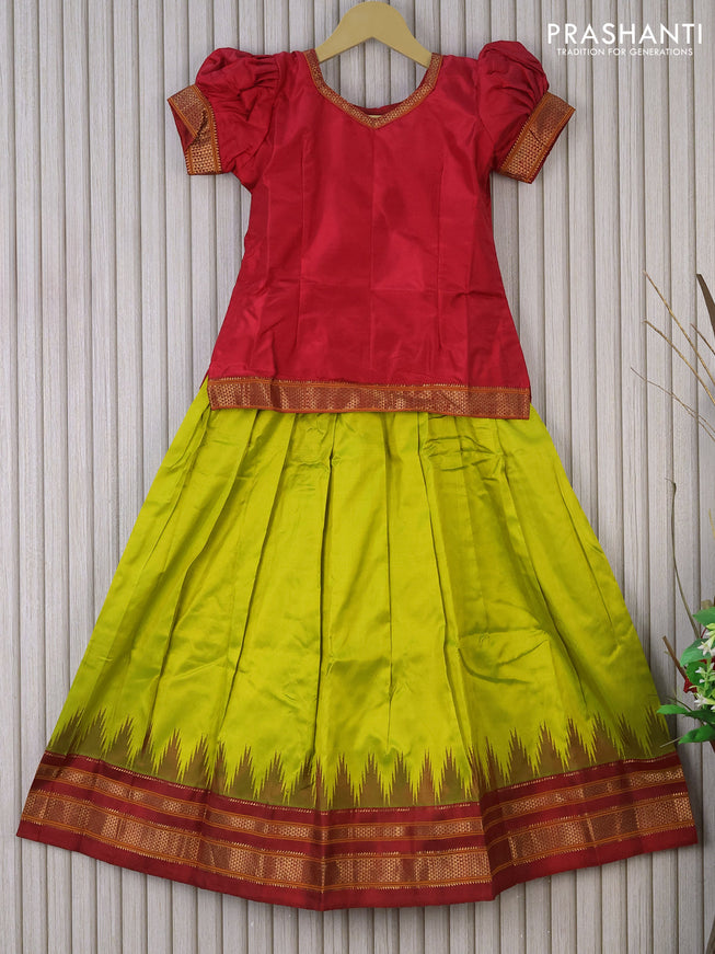 Silk kids lehenga red and lime yellow with zari line neck pattern and temple woven zari border for 7 years