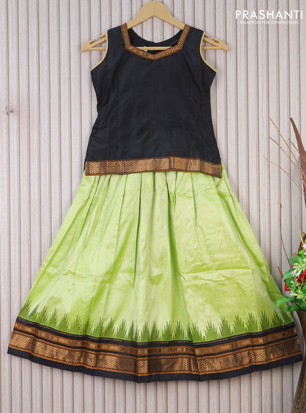 Silk kids lehenga black and lime green with zari line neck pattern and simple zari border & sleeve attached for 7 years