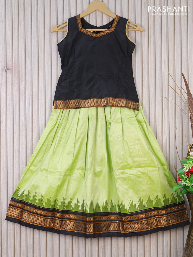 Silk kids lehenga black and lime green with zari line neck pattern and simple zari border & sleeve attached for 7 years