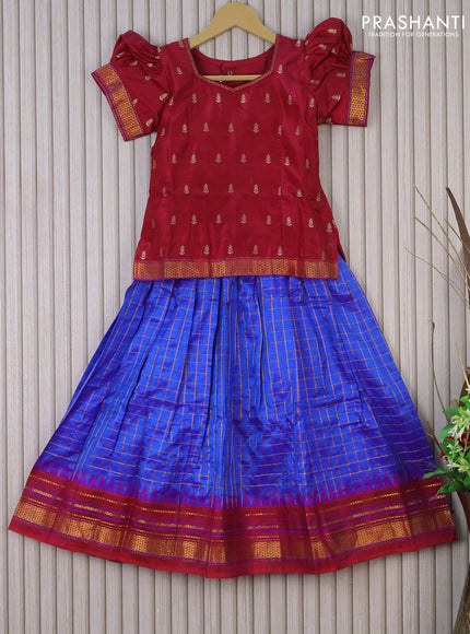 Silk kids lehenga maroon and blue with zari woven buttas and zari checked pattern & zari border for 7 years