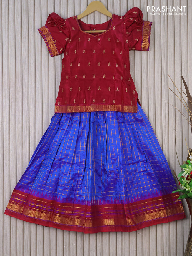 Silk kids lehenga maroon and blue with zari woven buttas and zari checked pattern & zari border for 7 years