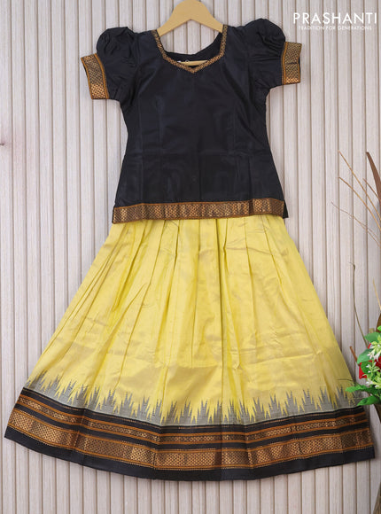 Silk kids lehenga black and pale yellow with zari line neck pattern and temple woven zari border for 7 years