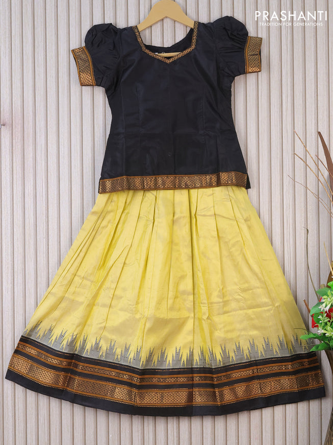 Silk kids lehenga black and pale yellow with zari line neck pattern and temple woven zari border for 7 years