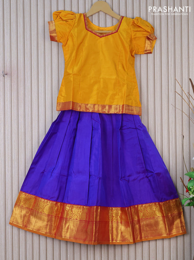 Silk kids lehenga yellow and blue with zari line neck pattern and zari woven border for 7 years