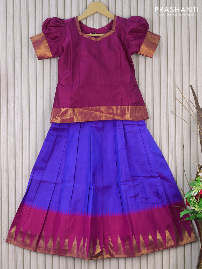 Silk kids lehenga magenta pink and blue with zari line neck pattern and temple zari biorder for 7 years