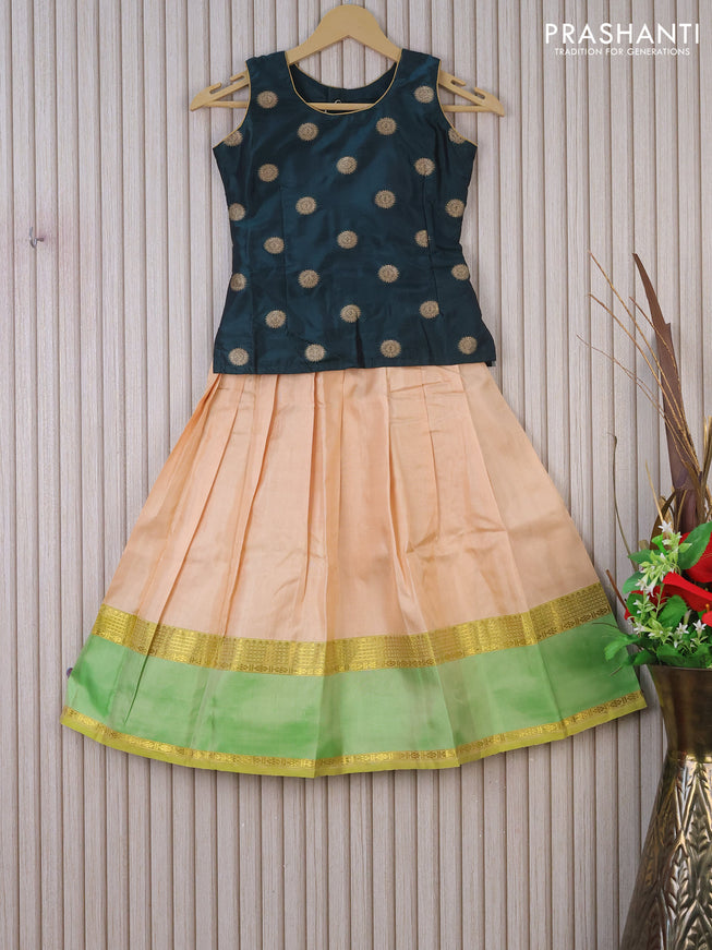 Silk kids lehenga dark green and cream with zari woven buttas and simple zari border & sleeve attached for 7 years