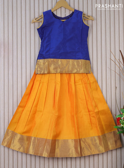 Silk kids lehenga blue and yellow with plain body and zari woven border for 7 years