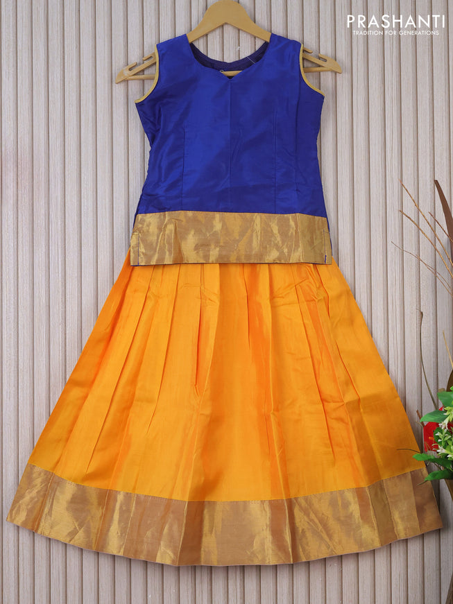 Silk kids lehenga blue and yellow with plain body and zari woven border for 7 years