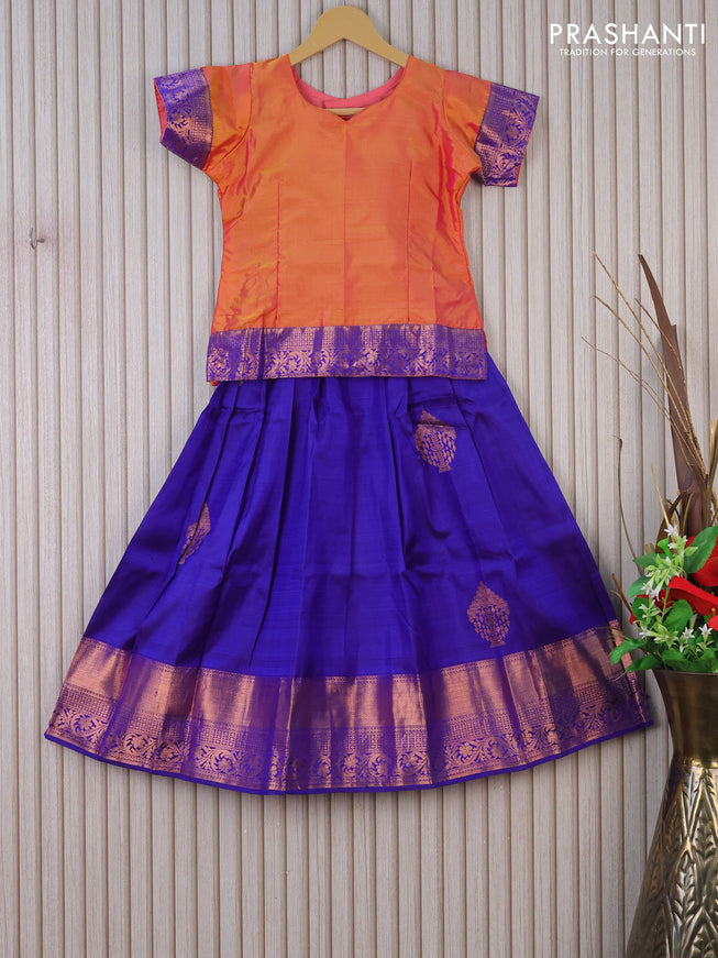 Silk kids lehenga dual shade of yellowish pink and blue with plain body and zari woven border for 7 years