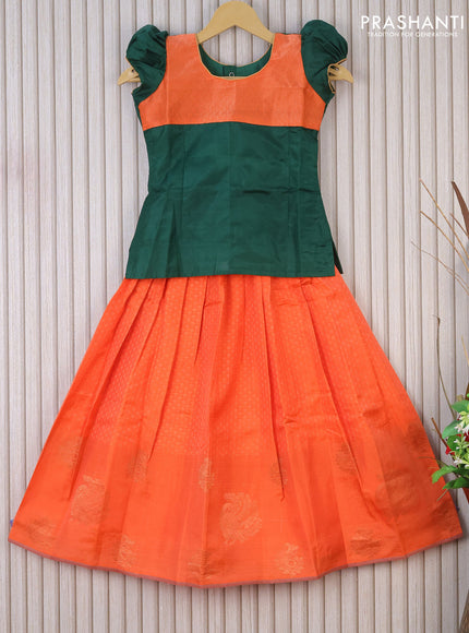 Silk kids lehenga dark green and orange with patch work neck pattern and self emboss & butta border for 7 years