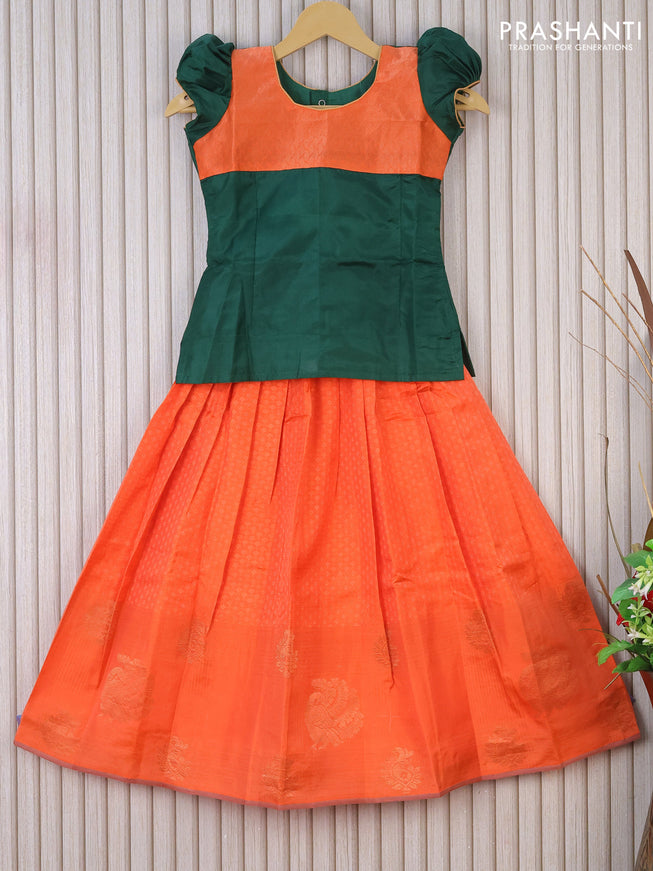 Silk kids lehenga dark green and orange with patch work neck pattern and self emboss & butta border for 7 years