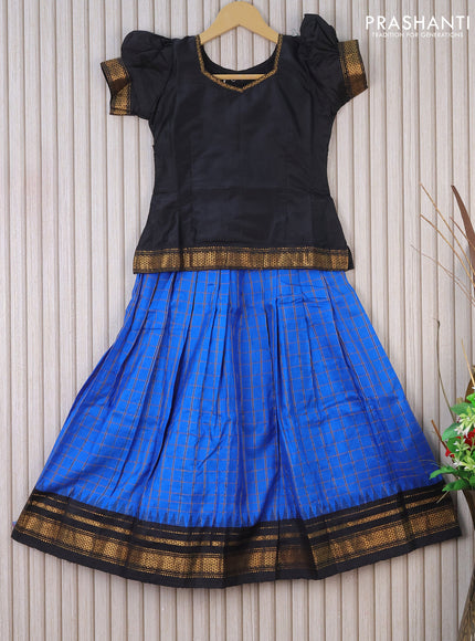 Silk kids lehenga black and cs blue with zari line neck pattern and zari checked pattern & zari border for 7 years