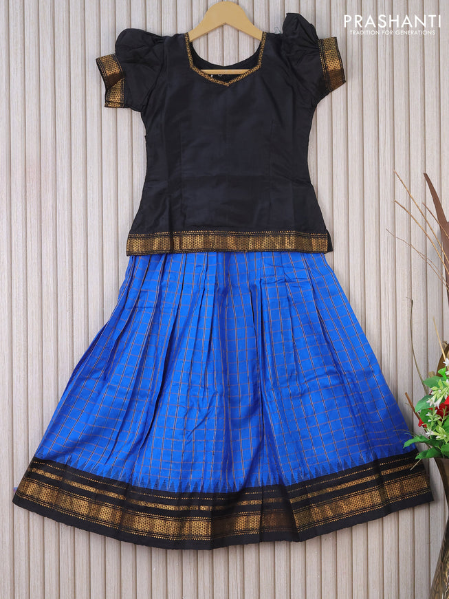 Silk kids lehenga black and cs blue with zari line neck pattern and zari checked pattern & zari border for 7 years