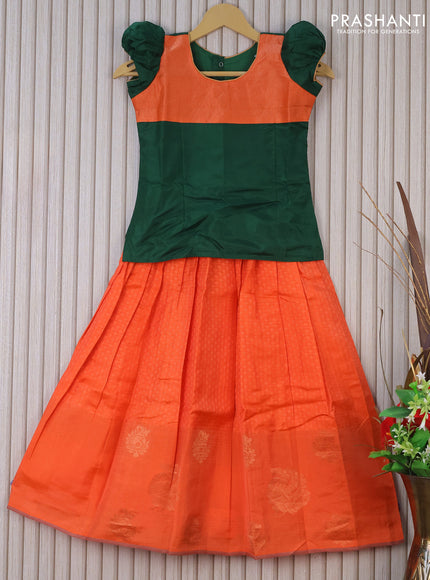 Silk kids lehenga dark green and orange with patch work neck pattern and self emboss & butta border for 7 years