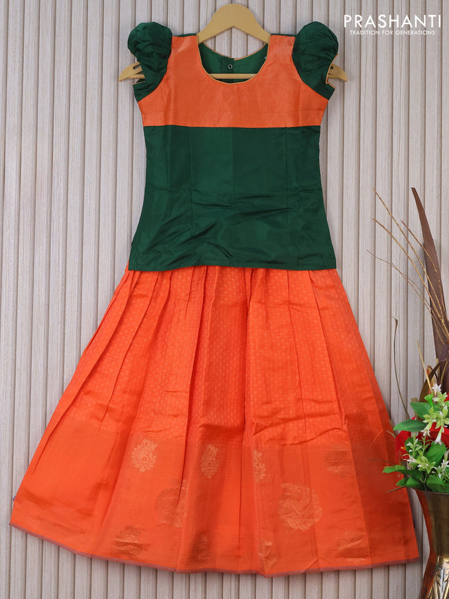 Silk kids lehenga dark green and orange with patch work neck pattern and self emboss & butta border for 7 years