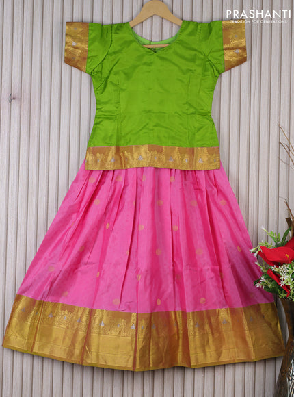 Silk kids lehenga lime green and pink with plain body and self emboss & zari border for 8 years