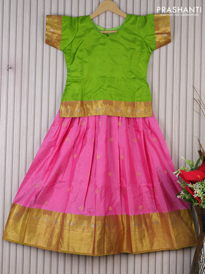 Silk kids lehenga lime green and pink with plain body and self emboss & zari border for 8 years