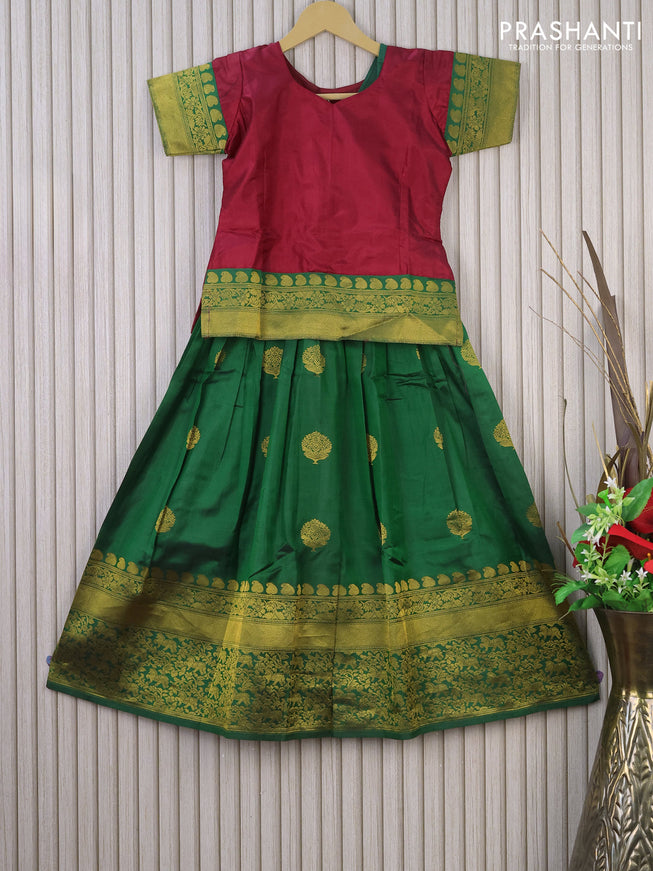 Silk kids lehenga maroon and green with plain body and long zari woven border for 8 years