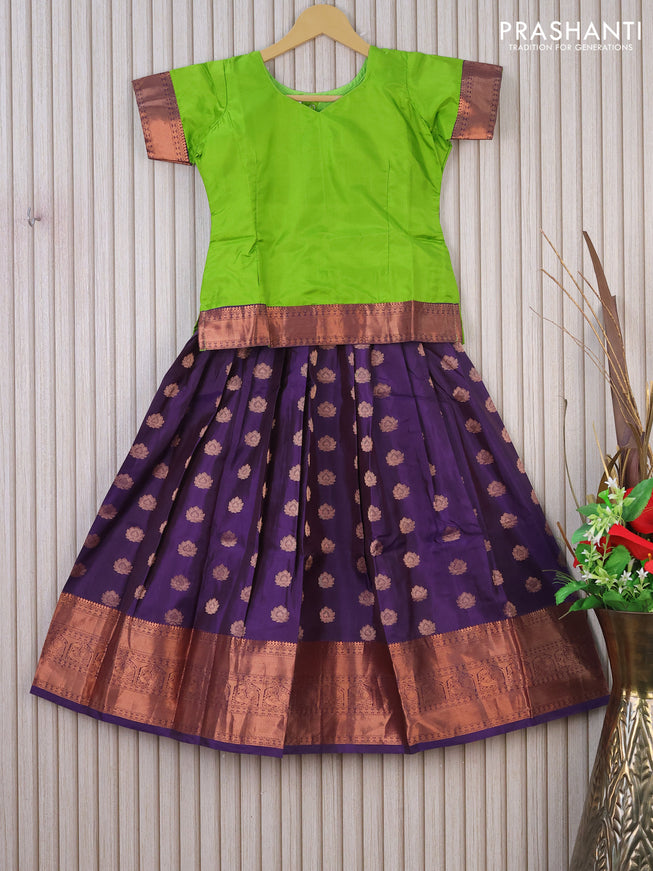 Silk kids lehenga lime green and deep violet with plain body and copper zari woven border for 8 years