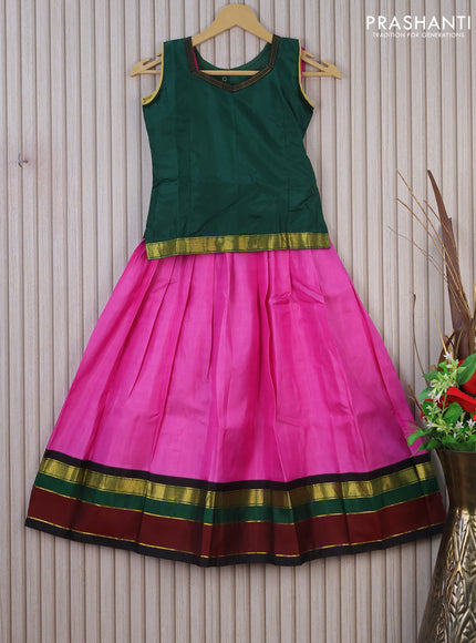 Silk kids lehenga green and pink with zari line neck pattern and zari woven simple border for 8 years