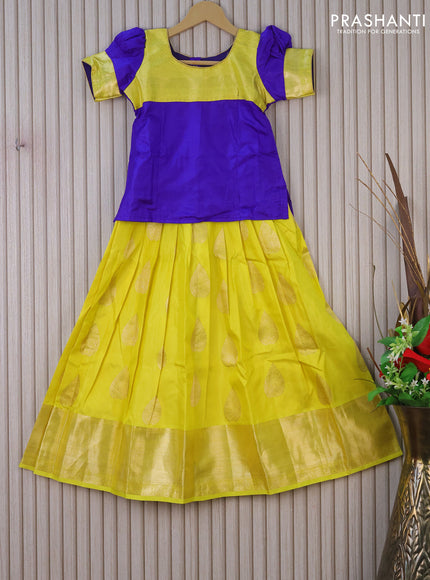 Silk kids lehenga blue and lime yellow with patch work neck pattern and zari woven border for 8 years