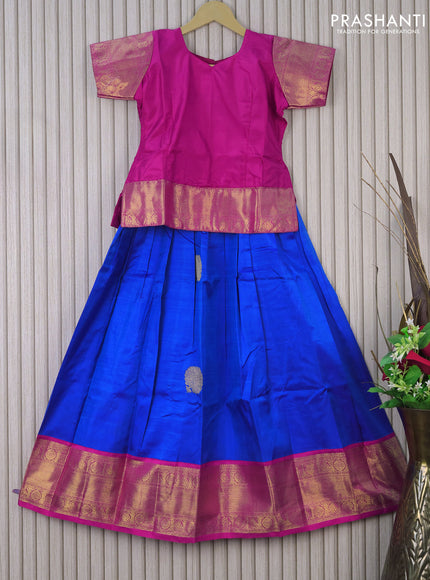 Silk kids lehenga pink and cs blue with plain body and zari woven border for 9 years