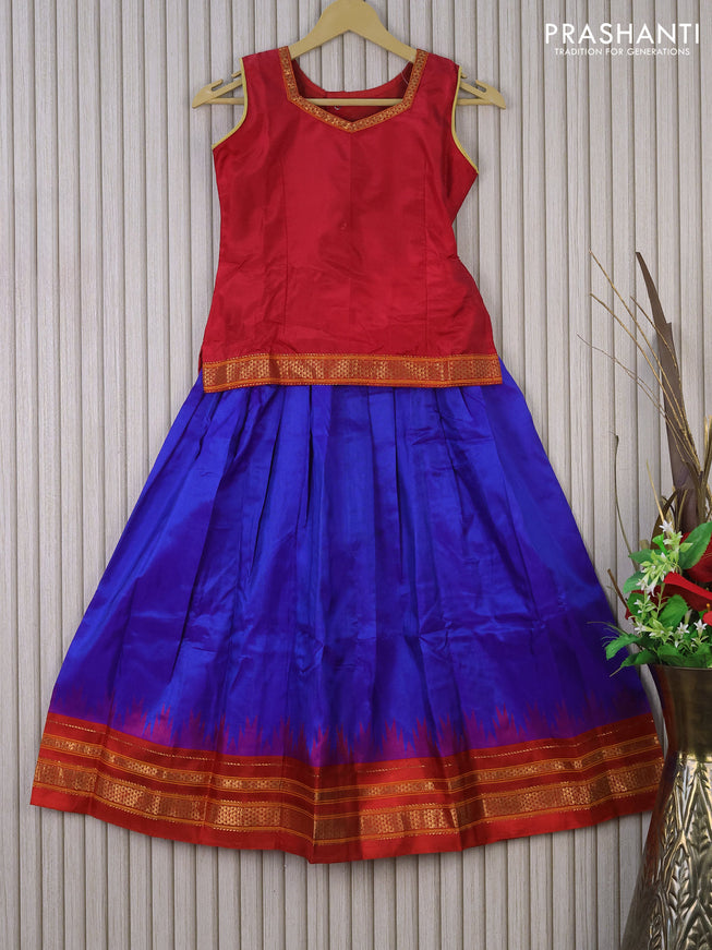 Silk kids lehenga red and blue with zari line neck pattern and temple design zari woven border for 9 years