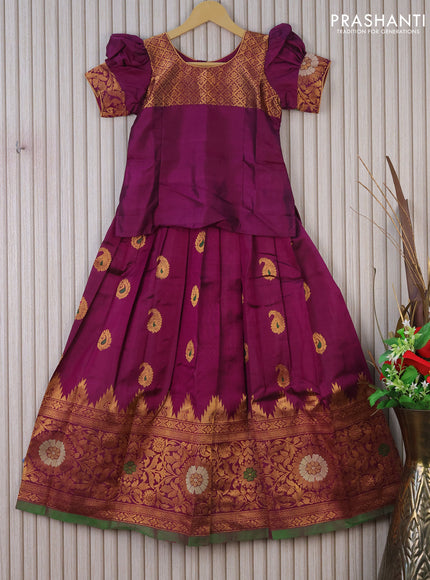 Silk kids lehenga purple and green with patch work neck pattern and long zari woven border for 9 years