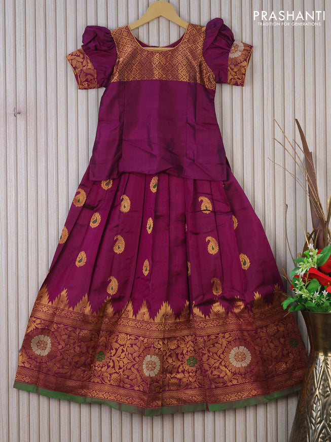 Silk kids lehenga purple and green with patch work neck pattern and long zari woven border for 9 years