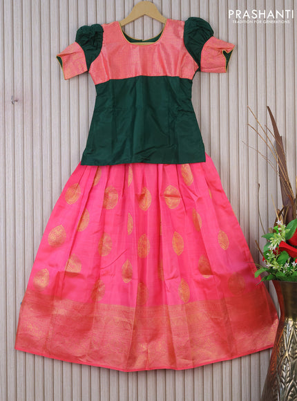 Silk kids lehenga dark green and peach pink with patch work neck pattern and zari buttas & zari border for 9 years