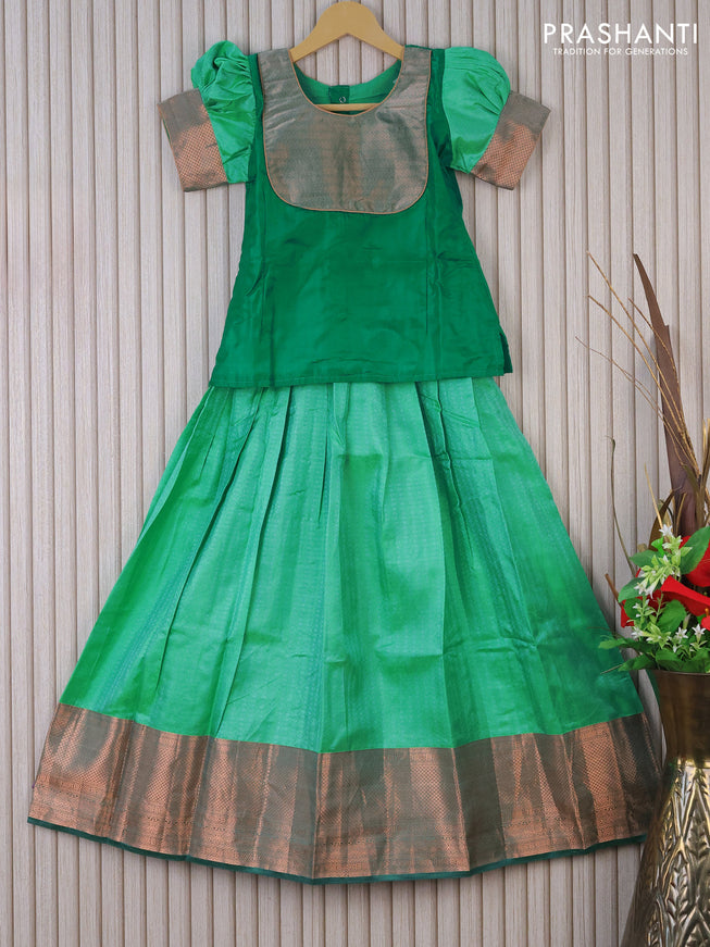 Silk kids lehenga green and pastel green with patch work neck pattern and self emboss & zari border for 9 years