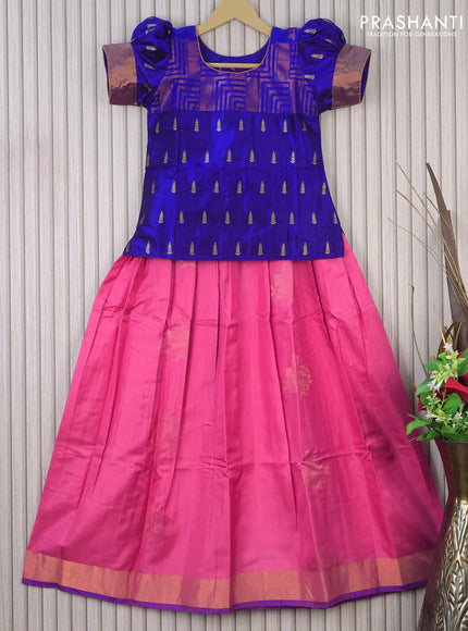 Silk kids lehenga blue and pink with patch work neck & zari buttas and zari woven border for 10 years