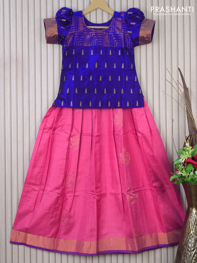 Silk kids lehenga blue and pink with patch work neck & zari buttas and zari woven border for 10 years