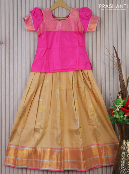 Silk kids lehenga light pink and cream with patch work neck pattern and zari buttas & zari woven border for 10 years